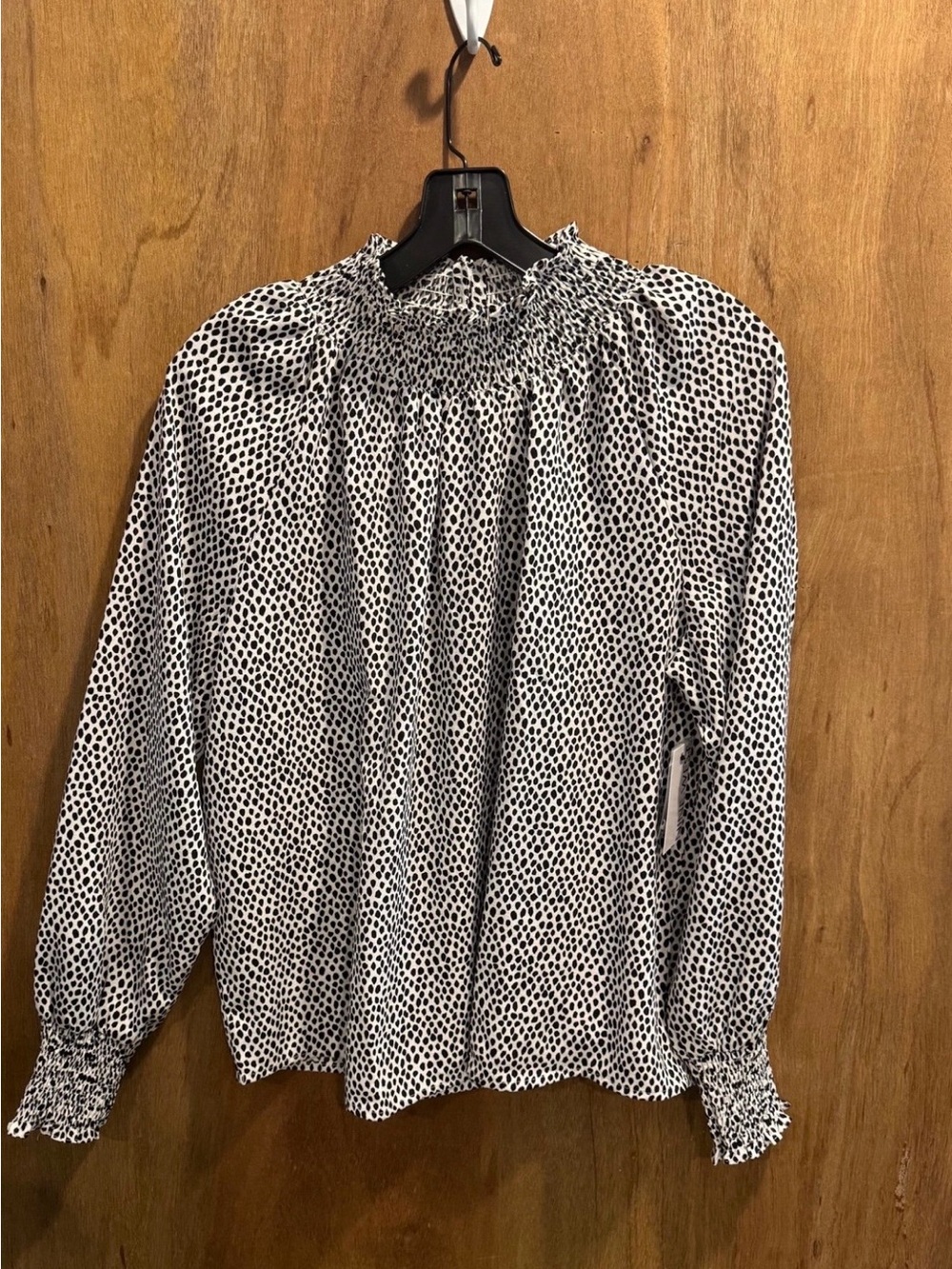 Nine West Black & White Dot Smocked Neck Blouse
